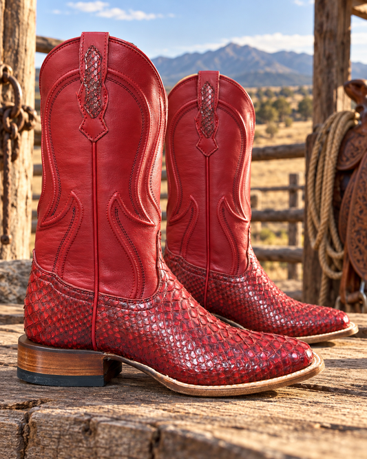 Bota vaquera de pitón rojo para dama — sobre pedido